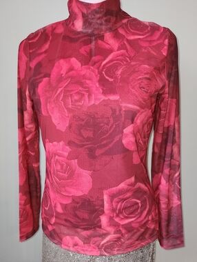 Red Rose Motif Sheer Mesh Mockneck Top With Attached Camisole